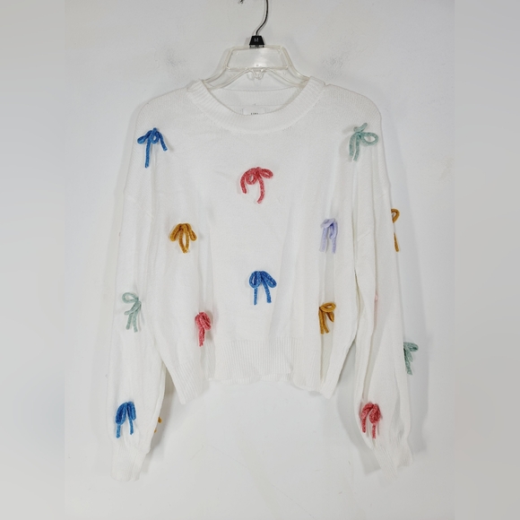 Luna Ivy Tops - Luna Ivy By Anthropologie Colorful Bow Embellished White Sweater, Size Medium